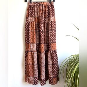 Boho Hippie Western Prairie Brown Patchwork Tiered Maxi Skirt